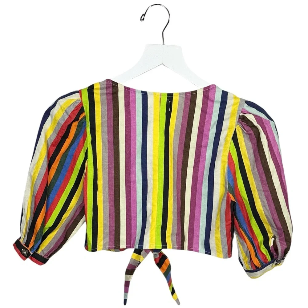 LPA Rainbow Stripe Tie Front Crop Top Short Sleeve W2192 Sz XXS